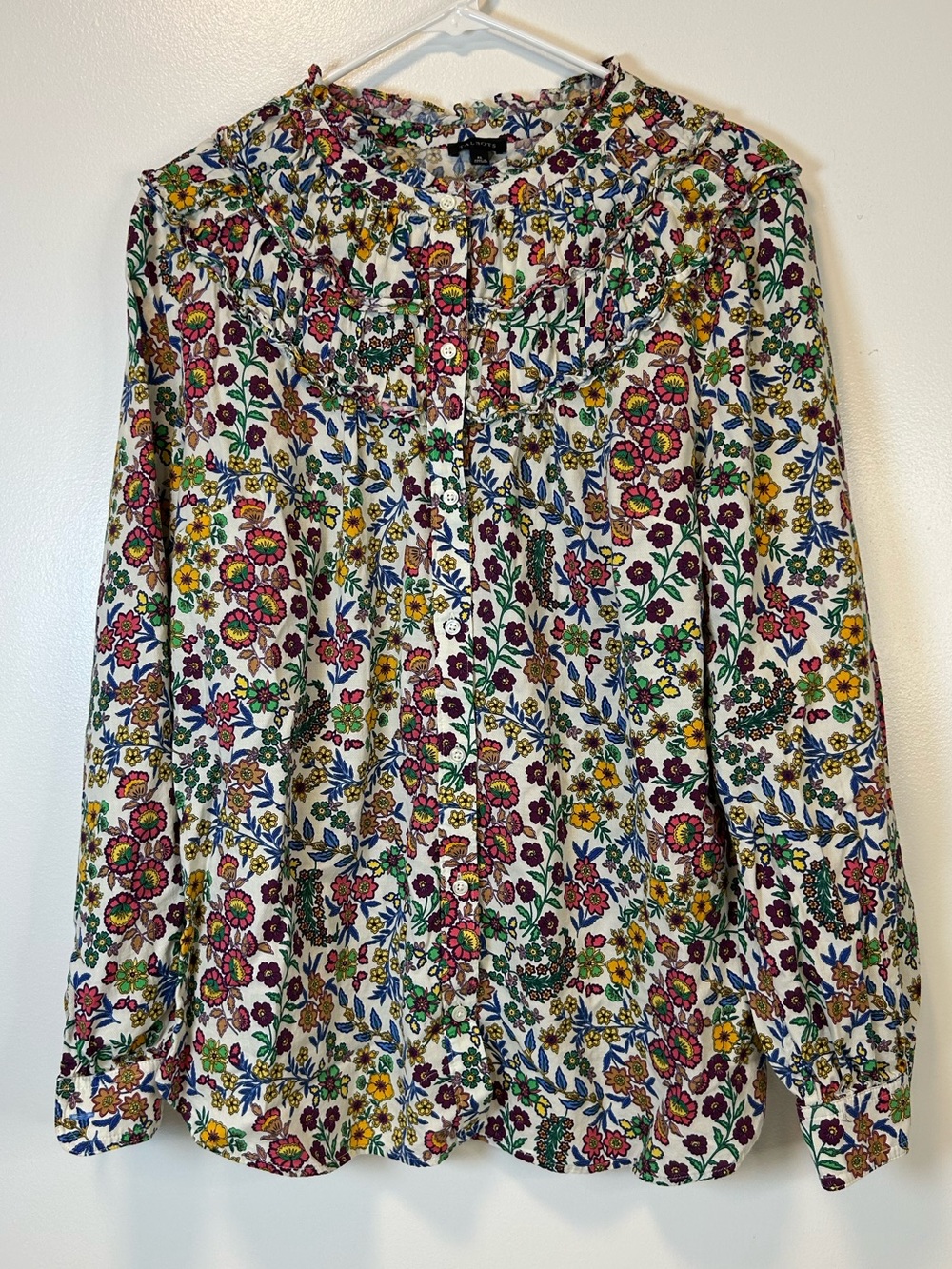 Talbots Shirred & Ruffle Neck Floral Pattern Long Sleeve Blouse Women’s XL